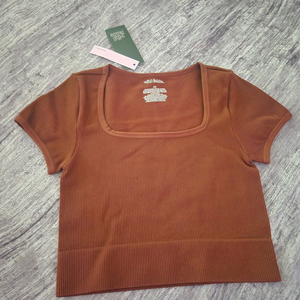 Wild Fable Brown Crop Top Square Neck Ribbed Knit Short Sleeve XS‎